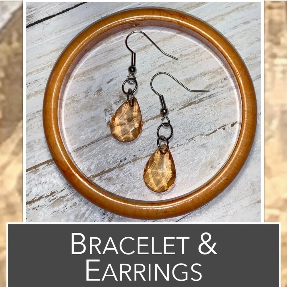 Earrings & Bangle Shades of Orange Wood Bangle & Orange Crystals Silver Earrings